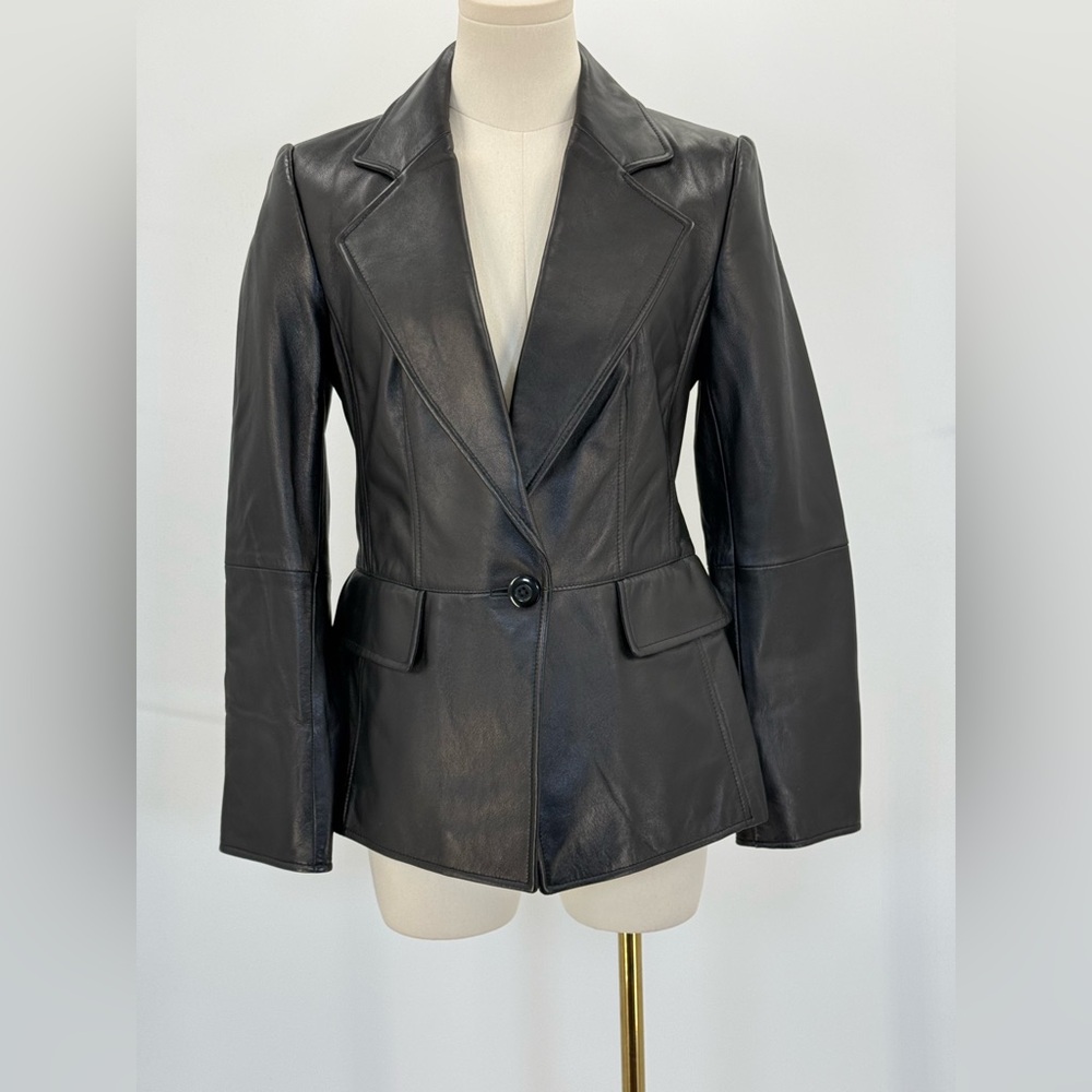Ellen Tracy Genuine Black Leather Blazer Jacket Tailored Fit Single Button SZ 2 - Picture 13 of 14